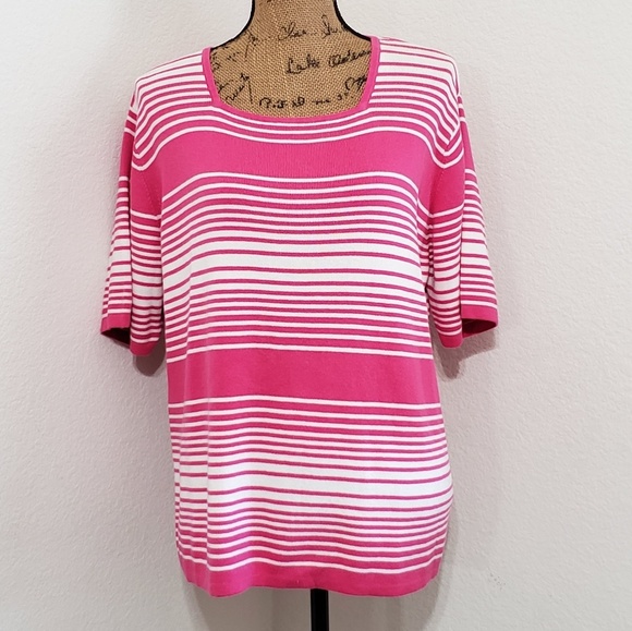 Sag Harbor Woman Sweaters - Sag Harbor Woman short sleeve pink and white striped sweater PLUS 1X